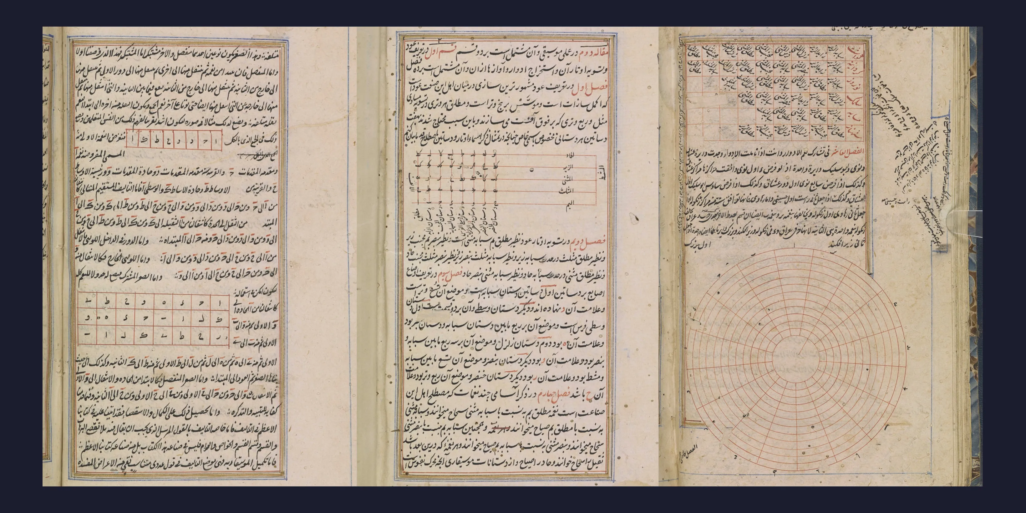 A collage of historical Arabic manuscripts on maqām theory, their tuning tables and diagrams laid side by side.