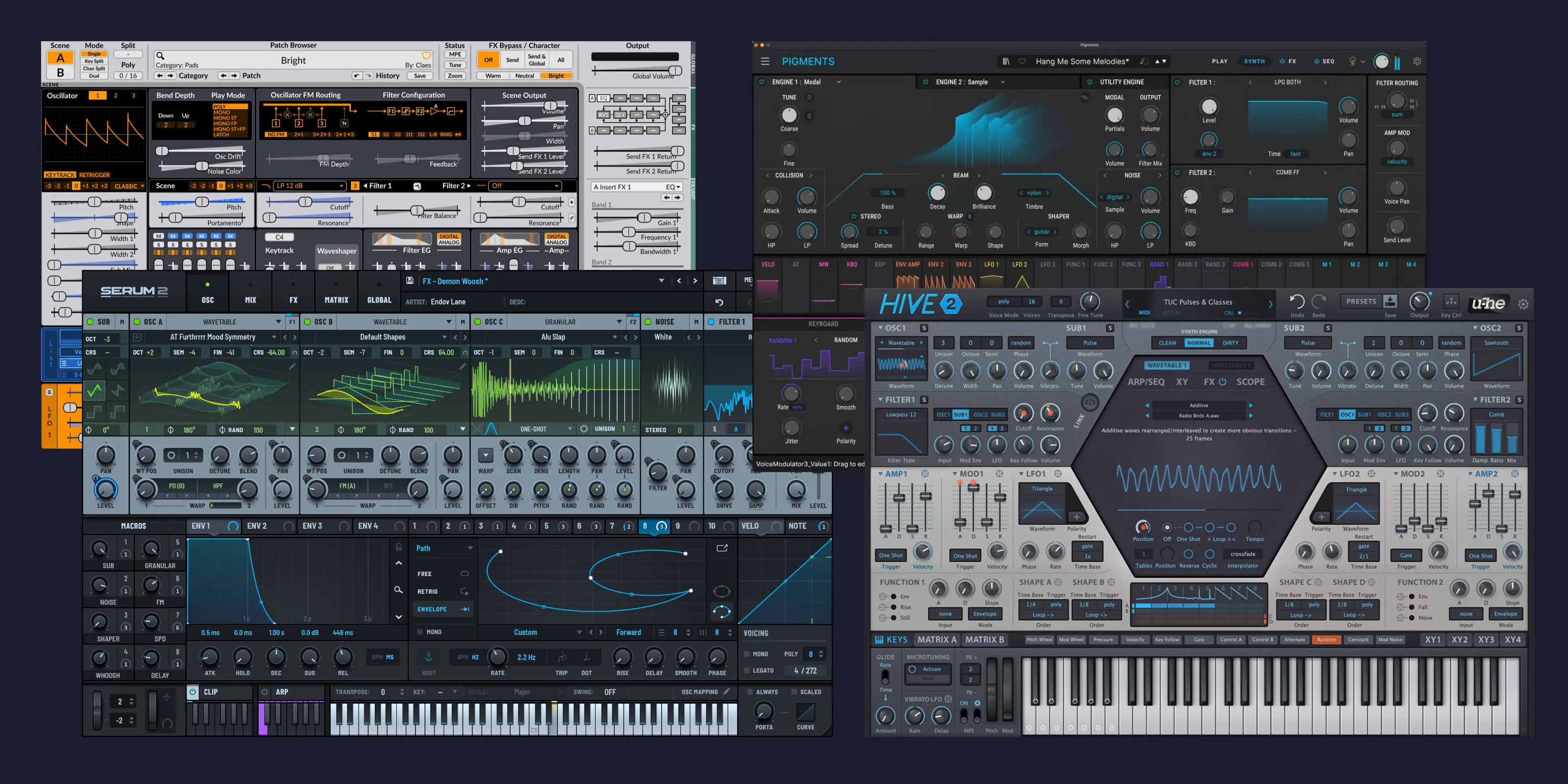 A collage of software synthesizers and plugins retuned by Tanghīm via MTS-ESP, MPE, and pitch bend.