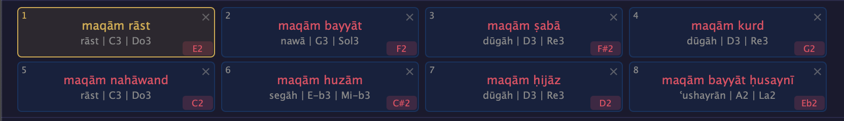The Tanghīm 4×2 preset grid with eight named maqām presets, with maqām rāst highlighted in gold as the active preset.