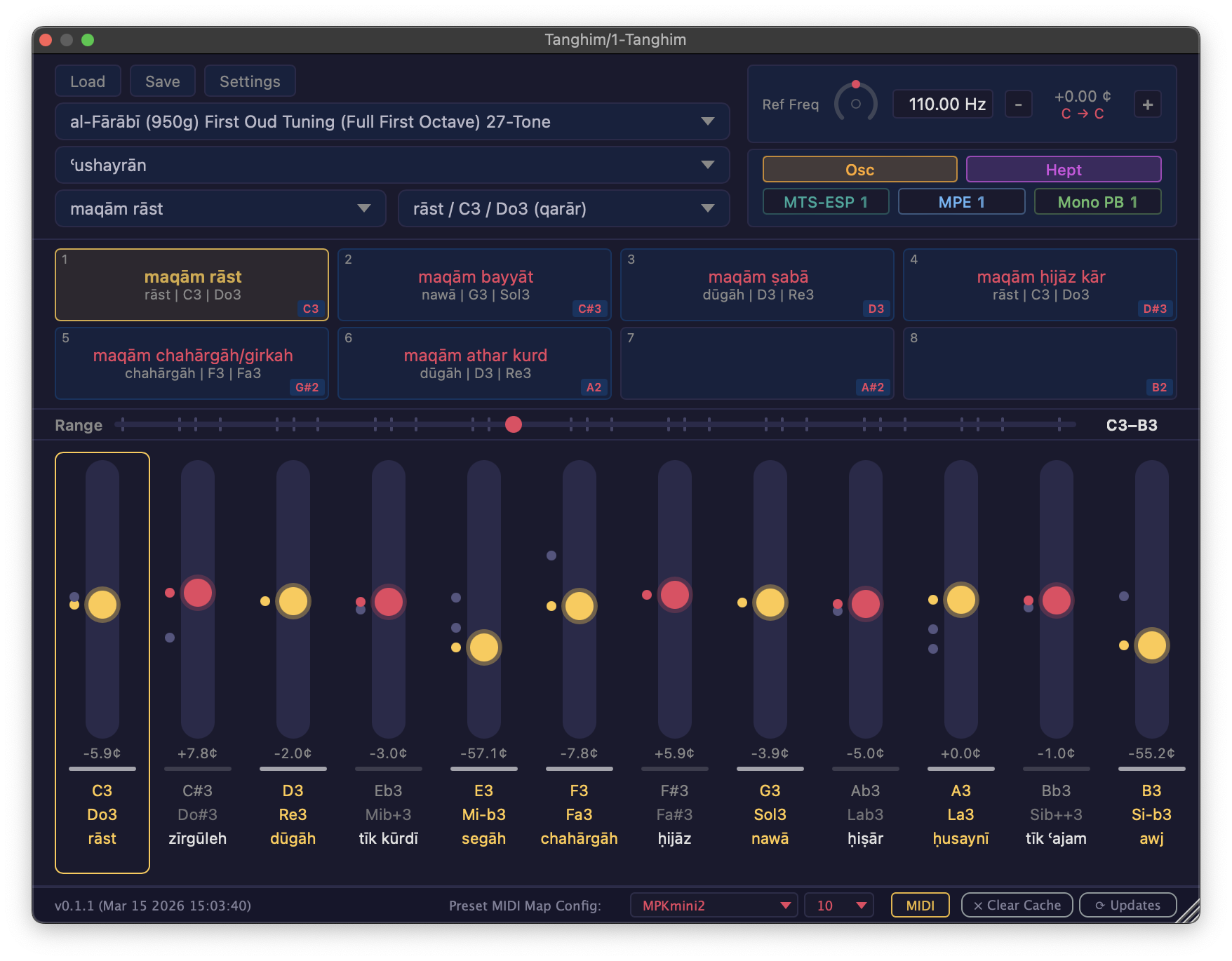 The Tanghīm plugin interface: a bank of tuning sliders showing maqām degrees in gold against a navy panel, with maqām selector, preset grid, and reference-frequency controls.
